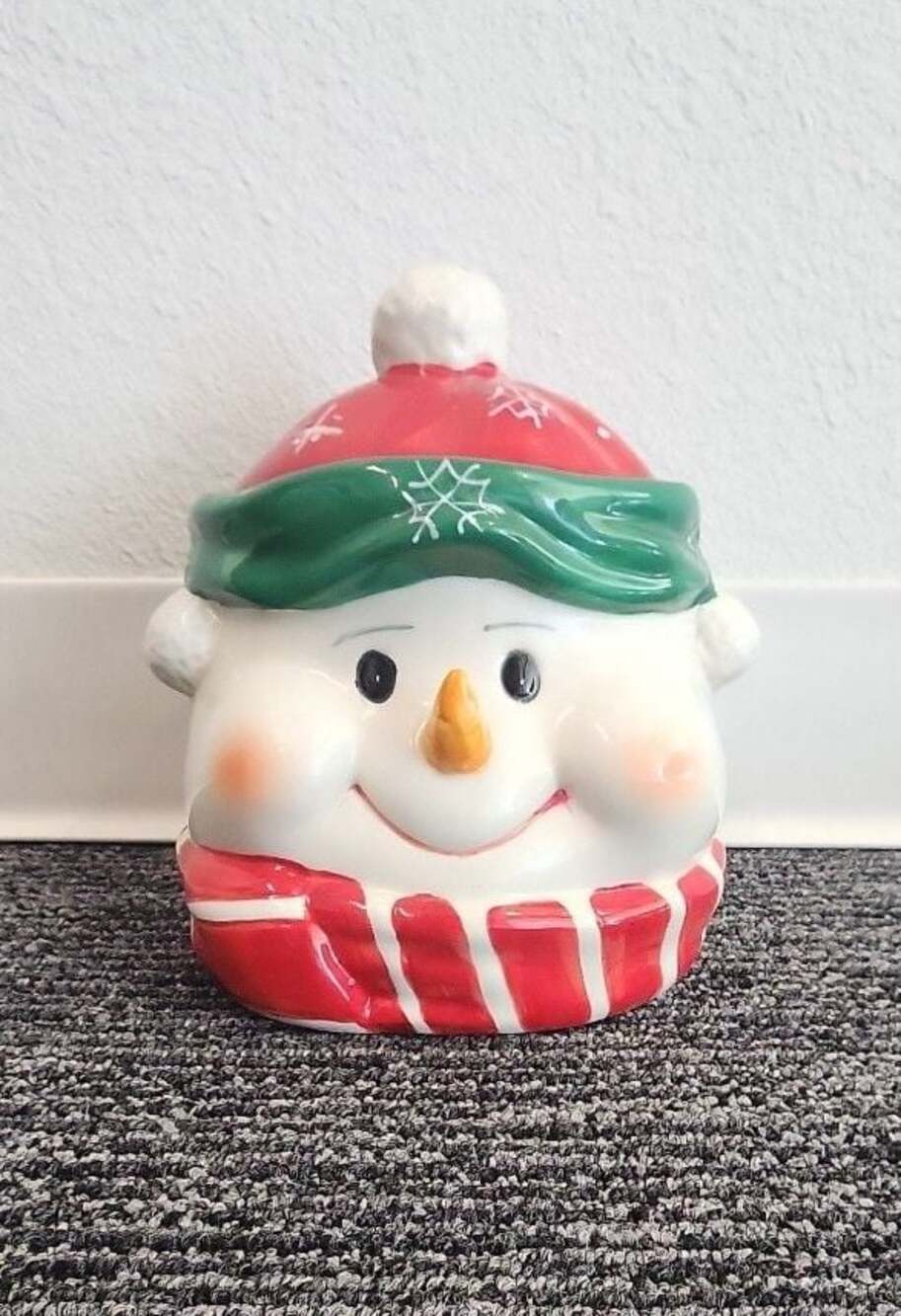 Ceramic Christmas Snowman Head Cookie Jar Red Green Scarf
